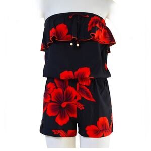 Favant Hawaiian Red and Black Hibiscus Floral Shorts‎ Romper Jumpsuit Medium
